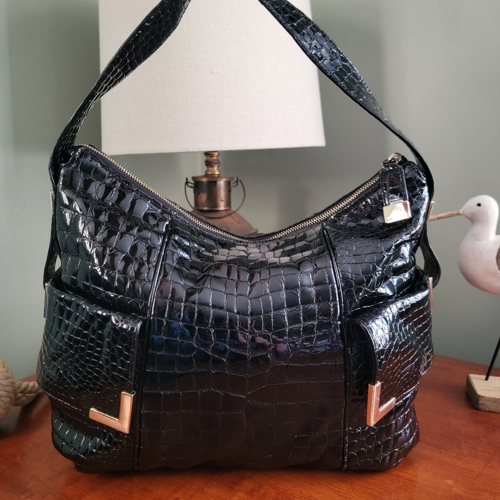MICHAEL Michael Kors Croc Embossed Black Patent Leather Shoulder Hobo Bag Y2K